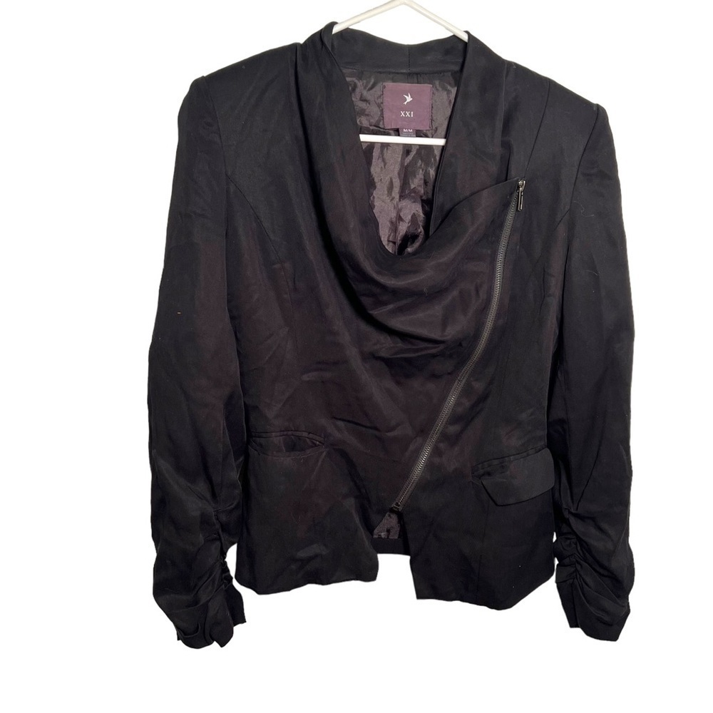 XXI Forever 21 Women's Sz Medium Asymmetric Zip Moto Blazer Black Cinched Sleeve